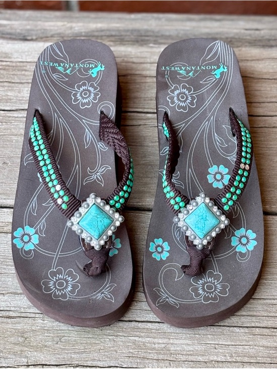 Montana West Shoes - Montana West Black Turquoise Rhinestone Wedge Thong Flip Flops Sandals Sz 7